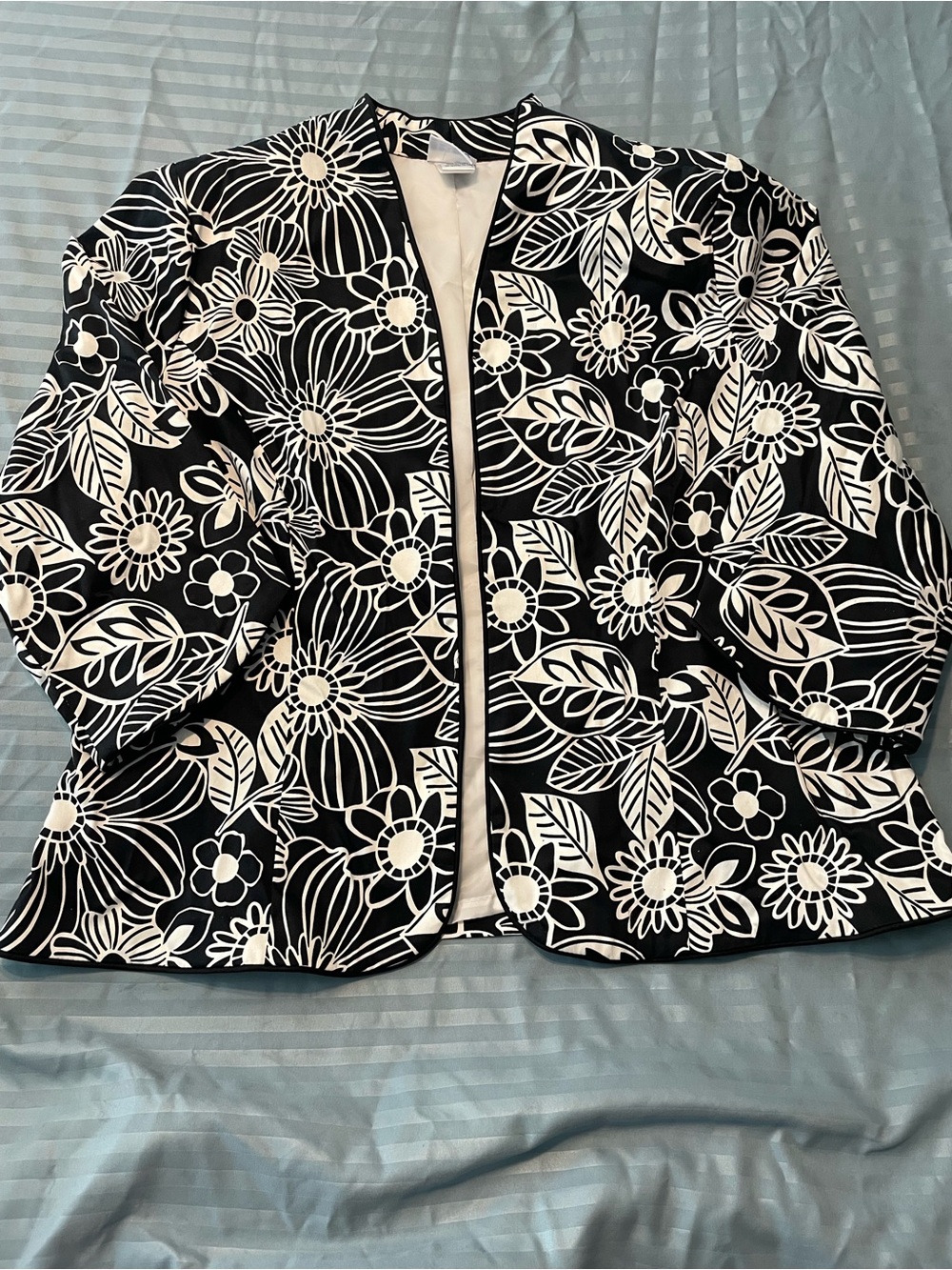 Classic Black & White Floral Open-Front Jacket